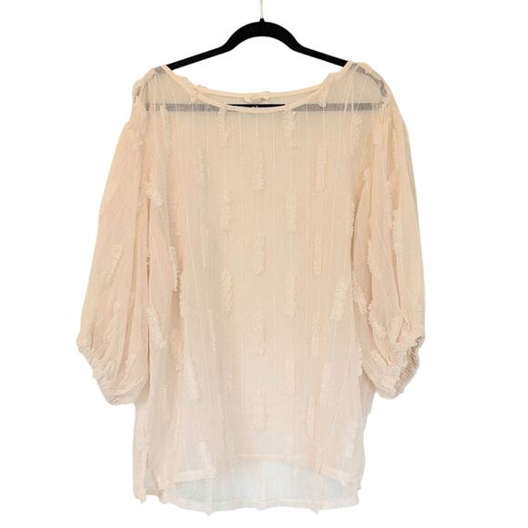 Oddi Cream Beige Linen Like Textured Weave Balloon Sleeve Blouse Size XL Beachy - Picture 1 of 8